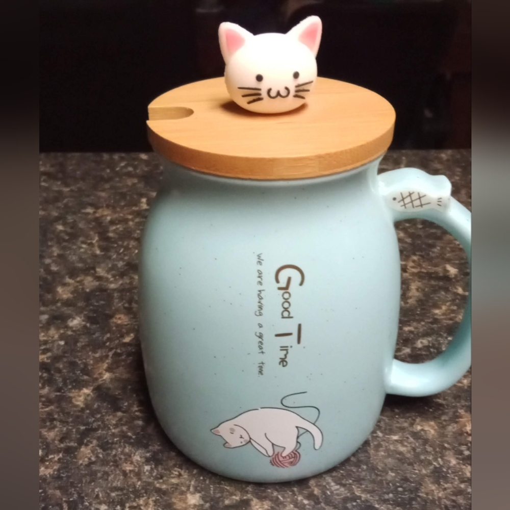 Blue Ceramic Cat Mug with Lid
